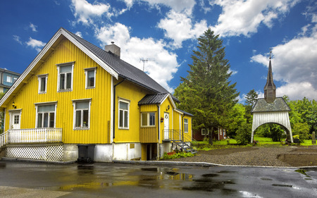 View of typical norwegian houses in Sortland. Sortland is a town and municipality in Nordland county, Norway.のeditorial素材