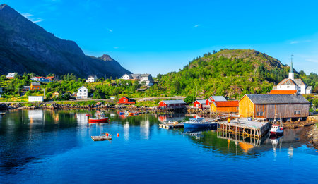Moskenes fishing village in Lofoten Islands and Moskenes Church (parish church in the municipality of Moskenes) north of Sorvagen in Nordland county. Norway.の写真素材