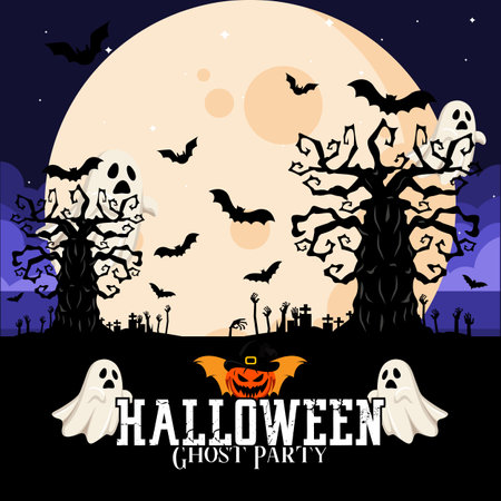 Halloween Day Illustration Vector Design, Pumpkin Tree Bat and Creepy Ghost Designのイラスト素材