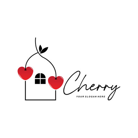 Cherry Fruit logo, Red Colored plant vector illustration, Fruit Shop Design, Company, Sticker, Product Brandのイラスト素材