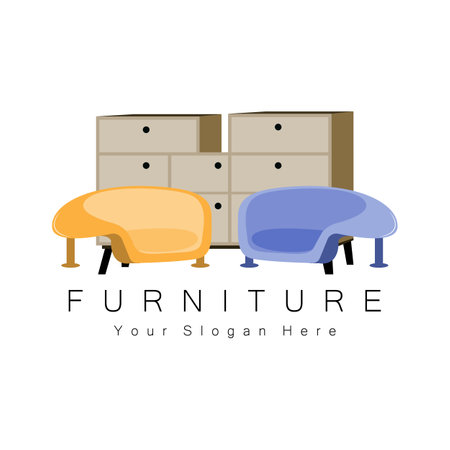 Furniture Logo Design, Home Furniture Illustration Table Icons, Chairs, Cupboards, Lampsのイラスト素材