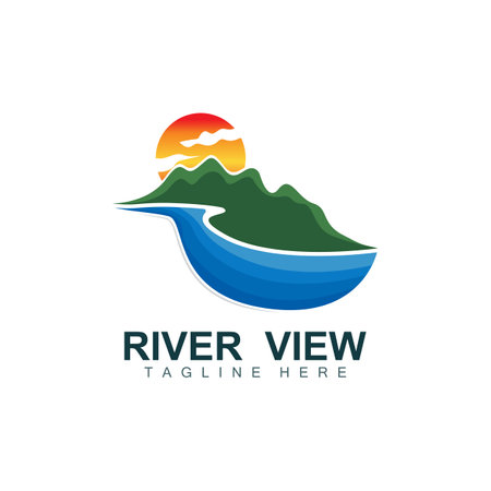 River Logo Design, River Creek Vector, Riverside Illustration With A Combination Of Mountains And Nature, Product Brandのイラスト素材