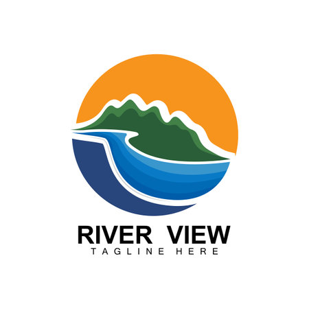 River Logo Design, River Creek Vector, Riverside Illustration With A Combination Of Mountains And Nature, Product Brandのイラスト素材