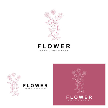 Simple Botanical Leaf and Flower Logo, Vector Natural Line Style, Decoration Design, Banner, Flyer, Wedding Invitation, and Product Brandingのイラスト素材