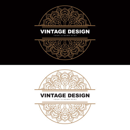 Retro Vintage Design, Luxurious Minimalist Vector Ornament Logo, With Mandala And Batik Style, Product Brand Illustration, Invitation, Banner, Fashionのイラスト素材