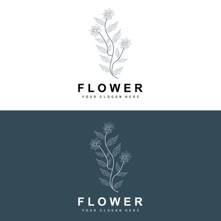 Simple Botanical Leaf and Flower Logo, Vector Natural Line Style, Decoration Design, Banner, Flyer, Wedding Invitation, and Product Brandingのイラスト素材