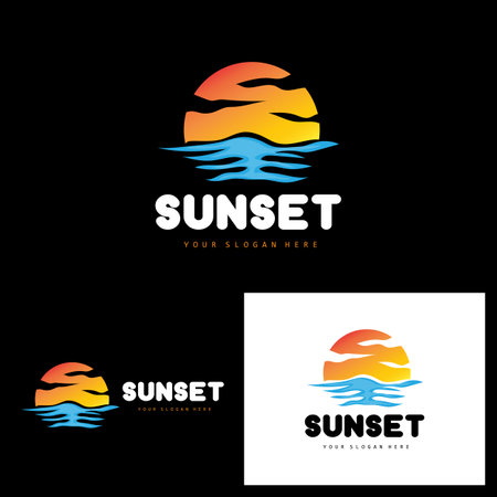 Sunset Logo, Beach Design, River And Sun Illustration, Vector Enjoying The Twilightのイラスト素材