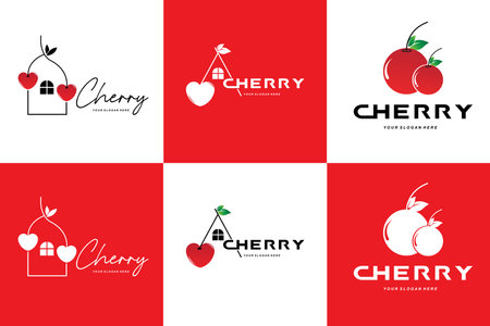 Cherry Fruit logo, Red Colored plant vector illustration, Fruit Shop Design, Company, Sticker, Product Brandのイラスト素材