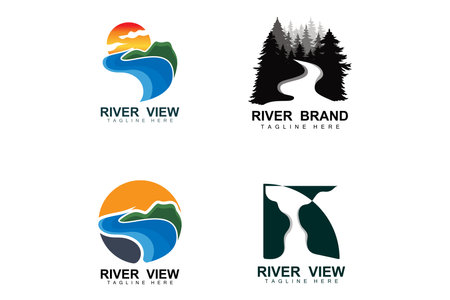 River Logo Design, River Creek Vector, Riverside Illustration With A Combination Of Mountains And Nature, Product Brandのイラスト素材
