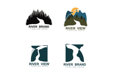 River Logo Design, River Creek Vector, Riverside Illustration With A Combination Of Mountains And Nature, Product Brandのイラスト素材