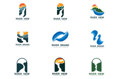River Logo Design, River Creek Vector, Riverside Illustration With A Combination Of Mountains And Nature, Product Brandのイラスト素材