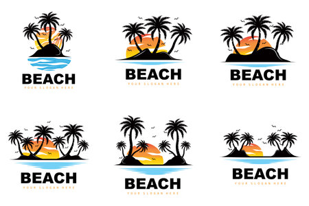 Coconut Tree Logo With Beach Atmosphere, Beach Plant Vector, Sunset View Designのイラスト素材