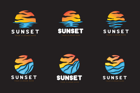 Sunset Logo, Beach Design, River And Sun Illustration, Vector Enjoying The Twilightのイラスト素材