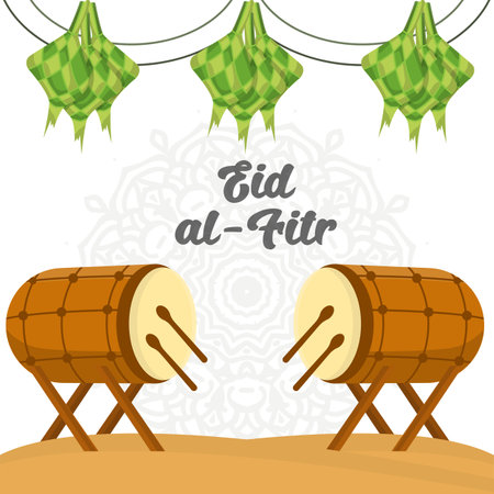 Ramadan Kareem Ketupat Drum Design and Eid Background Eid Al Adha and Greeting Card Vector Ornament Poster Ramadan Kareem Iconのイラスト素材
