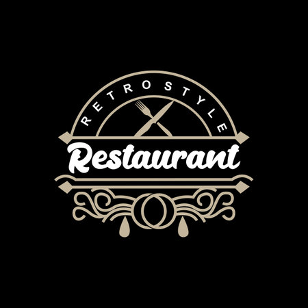 Retro Vintage Style Ornament Design, Logo Retro Restaurant Typography Emblem, Vector Line Simple Elegant Fork Spoon And Knifeのイラスト素材