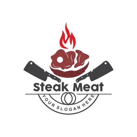 Steak Logo, Vintage Retro Rustic BBQ Grill Theme Design Style, Barbeque Fresh Meat Vector, Icon Symbol Illustrationのイラスト素材