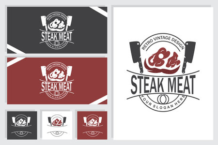 Steak Logo, Vintage Retro Rustic BBQ Grill Theme Design Style, Barbeque Fresh Meat Vector, Icon Symbol Illustrationのイラスト素材