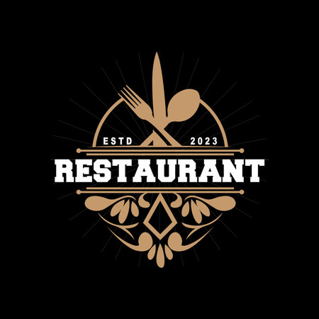 Retro Vintage Style Ornament Design, Logo Retro Restaurant Typography Emblem, Vector Line Simple Elegant Fork Spoon And Knifeのイラスト素材