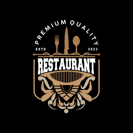 Retro Vintage Style Ornament Design, Logo Retro Restaurant Typography Emblem, Vector Line Simple Elegant Fork Spoon And Knifeのイラスト素材