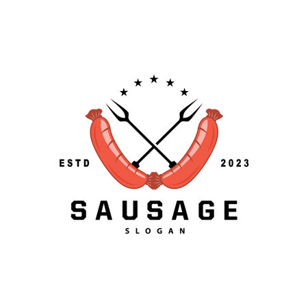 Sausage Logo, Vector Meat Fork and the Sausage Food, Restaurant Inspiration Design, Vintage Retro Rusticのイラスト素材