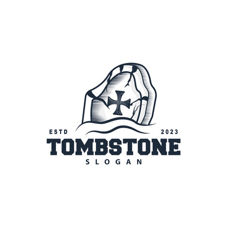 Tombstone Logo, Tomb Cemetery Cross, Vector Vintage Label, Retro Badge, Inspirational Designのイラスト素材