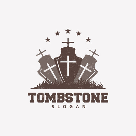 Tombstone Logo, Tomb Cemetery Cross, Vector Vintage Label, Retro Badge, Inspirational Designのイラスト素材