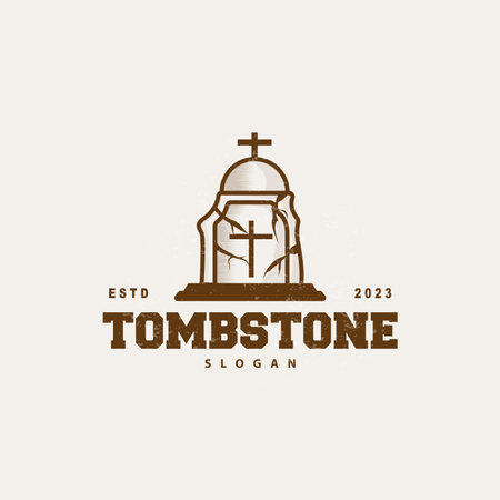 Tombstone Logo, Tomb Cemetery Cross, Vector Vintage Label, Retro Badge, Inspirational Designのイラスト素材