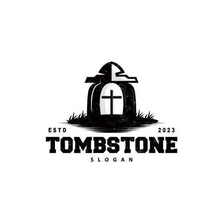 Tombstone Logo, Tomb Cemetery Cross, Vector Vintage Label, Retro Badge, Inspirational Designのイラスト素材