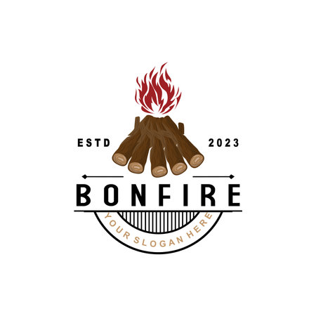 Campfire Logo Design, Bonfire Vector, Adventure Camp Outdoor Wood Flame Vintage Retro Illustrationのイラスト素材
