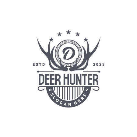 Deer Logo, Deer Hunter Vector, Forest Animal Design, Deer Antlers Retro Vintage Symbol Design Iconのイラスト素材