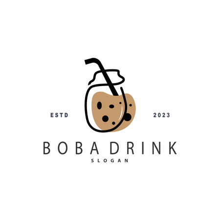 Boba Drink Logo, Milk Tea Cute Boba Pearl Jelly Drink Bubble Vector Simple Minimalist Designのイラスト素材