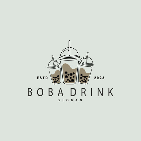 Boba Drink Logo, Milk Tea Cute Boba Pearl Jelly Drink Bubble Vector Simple Minimalist Designのイラスト素材