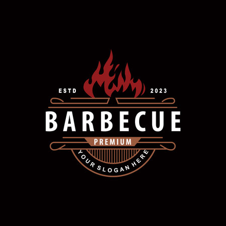 BBQ Hot Grill Logo, Barbeque Typography Vintage Design Label Stamp, Logo Restaurant, Cafe, Bar Simpleのイラスト素材