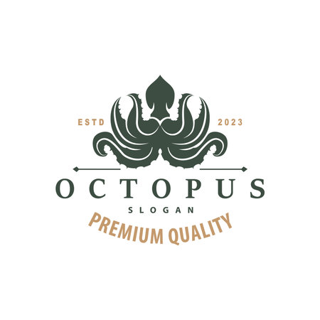 Octopus Logo, Old Retro Vintage Design Ocean Animal Vector Tentacle Illustration Templateのイラスト素材