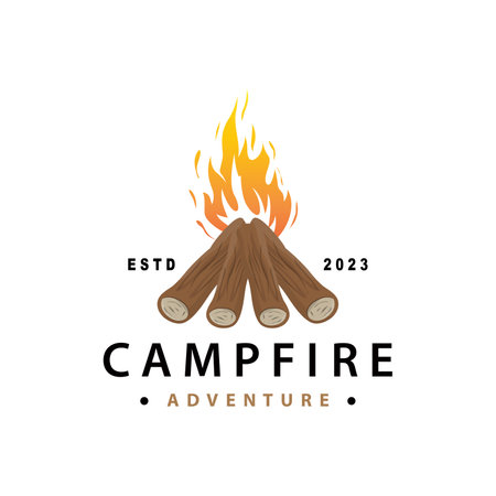Design wood and fire, logo campfire bonfire vector camping adventure vintage illustrationのイラスト素材