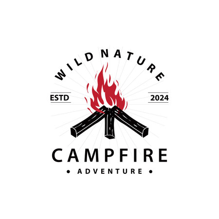 Design wood and fire, logo campfire bonfire vector camping adventure vintage illustrationのイラスト素材