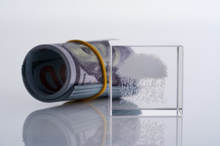 saving for the raining day- roll of us currency and cystal qube  with cloud and rainの写真素材