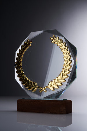 crystal trophy against gray backgroundの写真素材