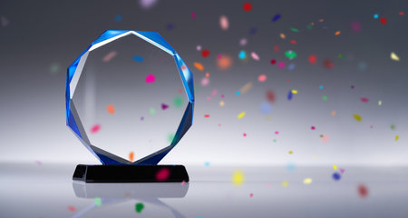 Blank glass trophy mockup, Empty acrylic award design mock up. Transparent crystal prize plate template.の写真素材
