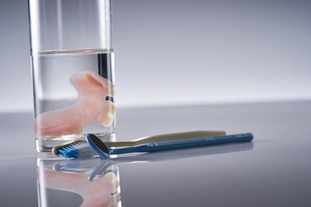 denture in a glass of water with toothbrush and mirror . Dental prosthesis care.