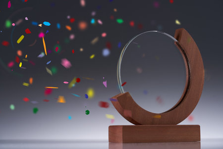 Blank glass trophy mockup, Empty acrylic award design mock up. Transparent crystal prize plate template.の写真素材