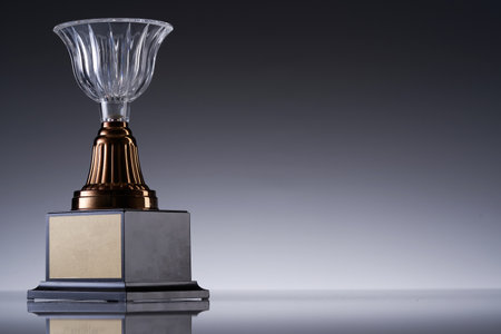 Blank glass trophy mockup, Empty acrylic award design mock up. Transparent crystal prize plate template.の写真素材