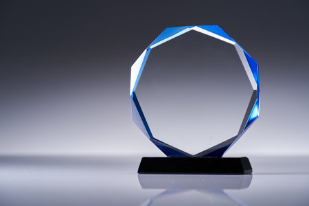 Blank glass trophy mockup, Empty acrylic award design mock up. Transparent crystal prize plate template.の写真素材