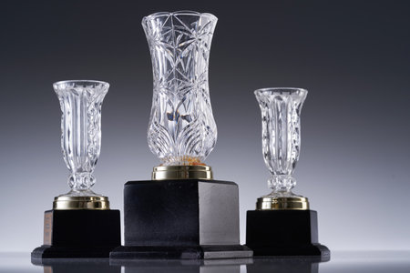 Blank glass trophy mockup, Empty acrylic award design mock up. Transparent crystal prize plate template.の写真素材