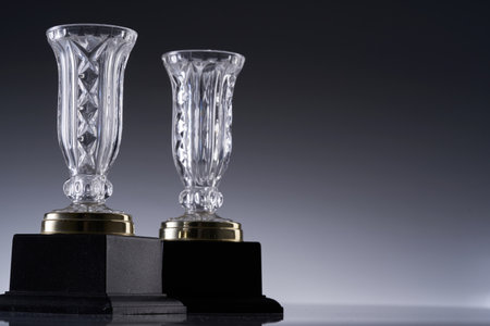 Blank glass trophy mockup, Empty acrylic award design mock up. Transparent crystal prize plate template.の写真素材