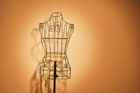 Stylish wire tailor's mannequin isolated on orange backgroundの写真素材