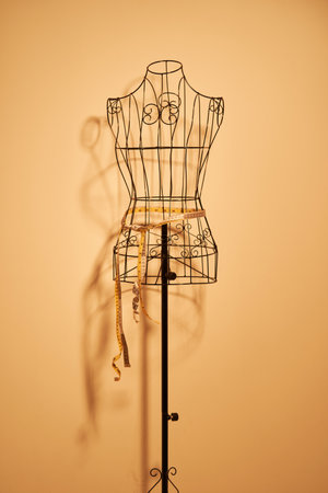 Stylish wire tailor's mannequin isolated on orange backgroundの写真素材
