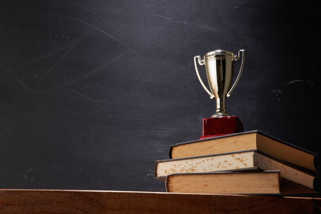 wining trophy on stack of book against blackboardの写真素材