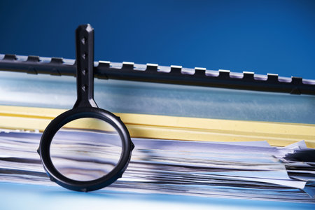 selective focus magnifying glass leans against a thick stack of documents.の写真素材