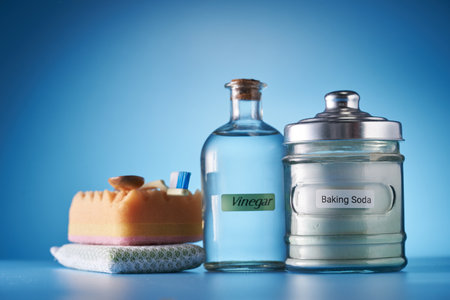 white vinegar baking soda and toothbrush and sponge against blue backgroundの写真素材
